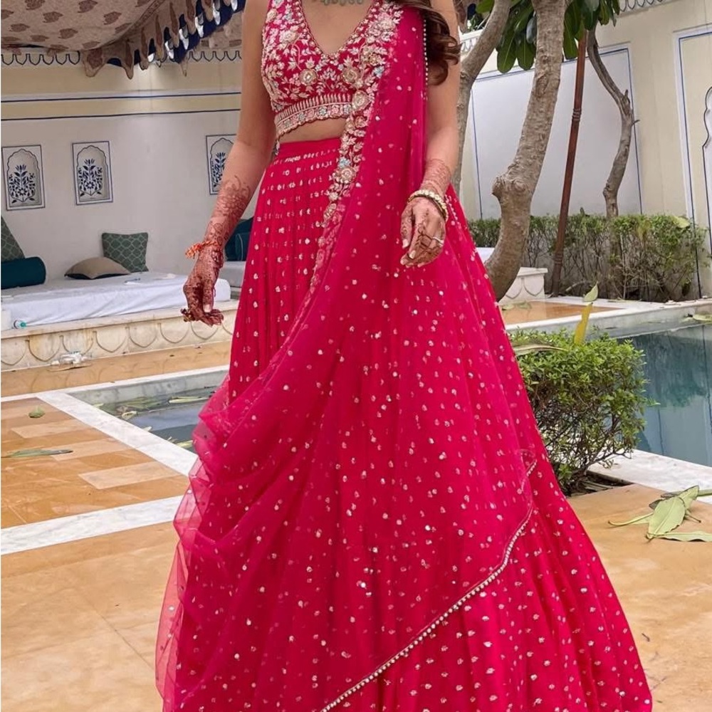 Chamee and Palak Bright Pink Meadow Lehenga